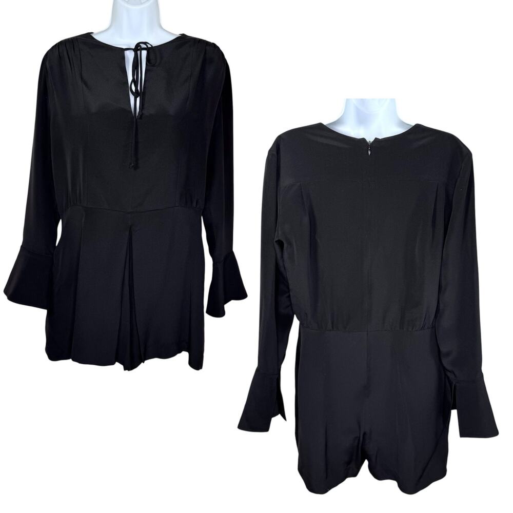 Derek Lam Black Silk Romper Long Bell Sleeve Keyhole Tie Front 6 NWOT
